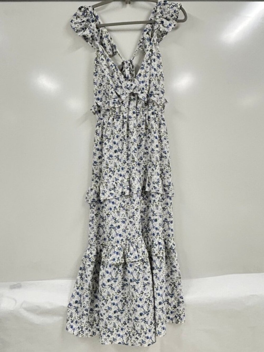 Arula Floral Tiered Midi Dress XL Blue White Cottagecore Ruffle Boho Romantic
